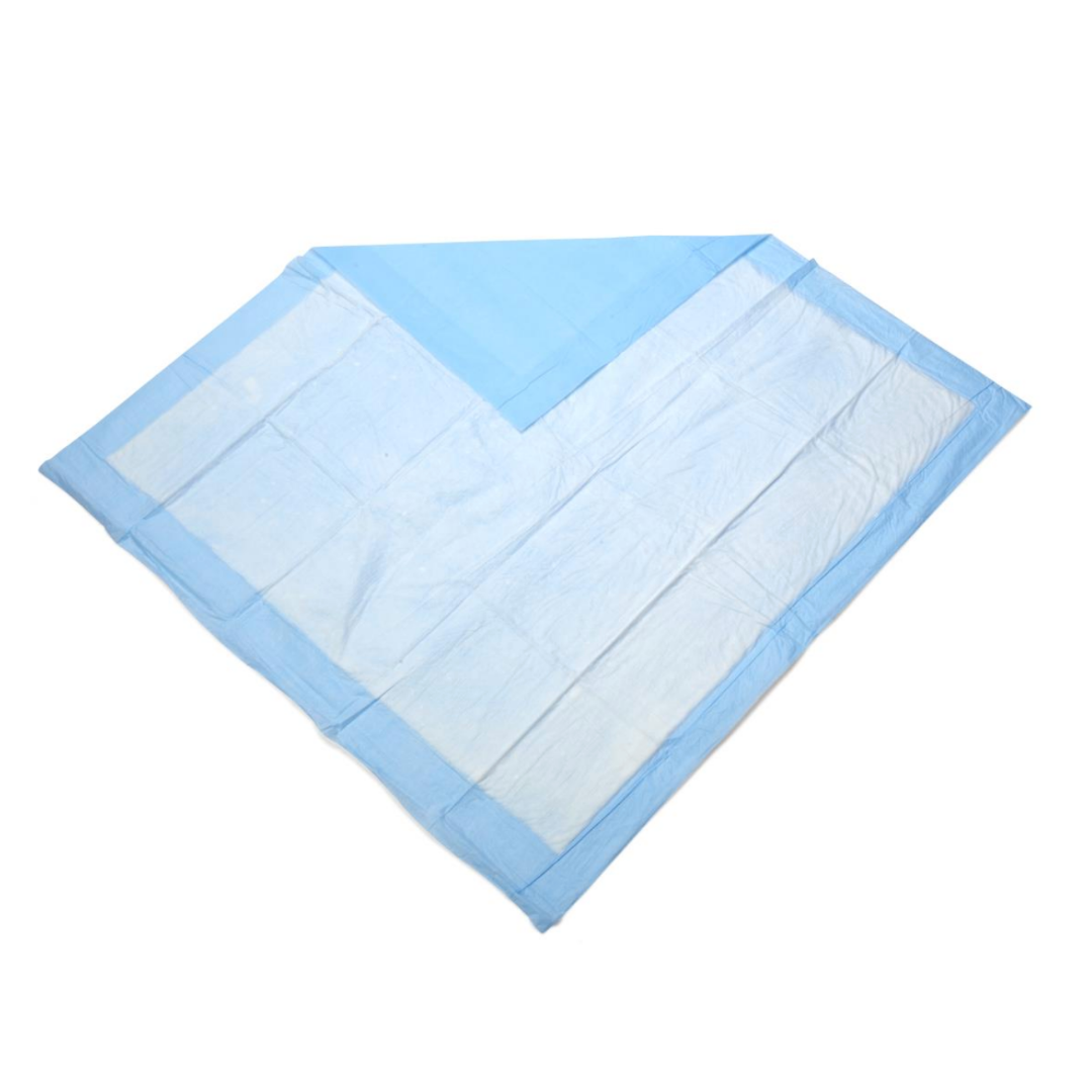 Medline Protection Plus Disposable Underpads, shown spread out on a white background, offer reliable moisture protection for incontinence or medical use. These blue and white absorbent pads help keep surfaces dry and comfortable.